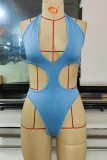 Blue Sexy Print Bandage Patchwork Backless Slit Halter Sleeveless Two Pieces