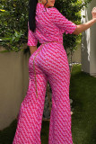 Pink Fashion Casual Print Patchwork Buckle Turndown Collar Straight Jumpsuits(Without Belt)