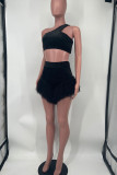 Black Fashion Sexy Solid Patchwork Backless One Shoulder Two Pieces