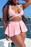 Pink Fashion Sexy Striped Print Bandage Backless Swimwears Three-piece Set (Without Paddings)