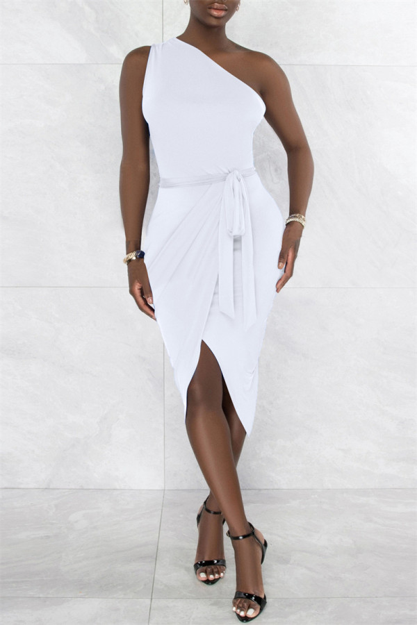White Fashion Sexy Solid Backless Asymmetrical Oblique Collar Sleeveless Dress