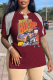 Burgundy Fashion Print Tassel V Neck T-Shirts