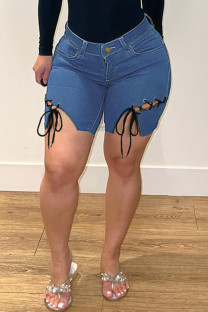 Medium Blue Fashion Casual Solid Bandage Patchwork High Waist Skinny Denim Shorts