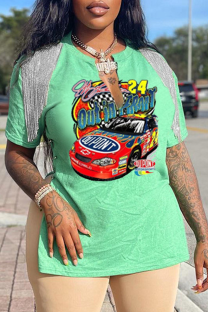 Light Green Fashion Print Tassel V Neck T-Shirts