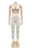 Yellow Fashion Sexy Solid Bandage Hollowed Out See-through Backless Halter Sleeveless Two Pieces