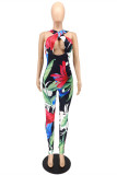 Multicolor Fashion Sexy Print Hollowed Out Backless V Neck Skinny Jumpsuits