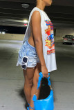 White Sexy Print Patchwork Slit O Neck T-Shirts