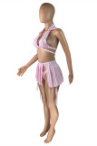 Pink Fashion Sexy Striped Print Bandage Backless Swimwears Three-piece Set (Without Paddings)