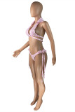 Pink Fashion Sexy Striped Print Bandage Backless Swimwears Three-piece Set (Without Paddings)