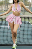 Pink Fashion Sexy Striped Print Bandage Backless Swimwears Three-piece Set (Without Paddings)