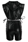 Black Fashion Sexy Solid Bandage Patchwork Zipper Hooded Collar Sleeveless Two Pieces