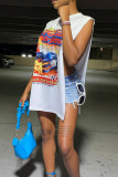 White Sexy Print Patchwork Slit O Neck T-Shirts