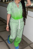 Fluorescent Green Fashion Casual Gradual Change Striped Print Patchwork Turndown Collar Short Sleeve Two Pieces