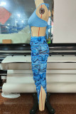 Blue Sexy Print Bandage Patchwork Backless Slit Halter Sleeveless Two Pieces