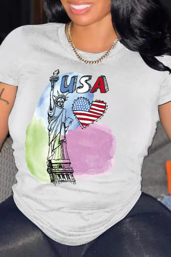 White Fashion Casual Print Basic O Neck T-Shirts