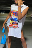 White Sexy Print Patchwork Slit O Neck T-Shirts