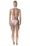 Pink Fashion Sexy Striped Print Bandage Backless Swimwears Three-piece Set (Without Paddings)