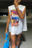 White Sexy Print Patchwork Slit O Neck T-Shirts