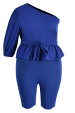Tibetan Blue Fashion Casual Solid Backless Oblique Collar Plus Size Two Pieces