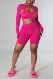 Rose Red Sexy Solid Patchwork Asymmetrical U Neck Long Sleeve Two Pieces