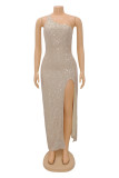 Apricot Fashion Sexy Patchwork Sequins Backless Slit Oblique Collar Sleeveless Dress