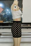 Black Sexy Print Bandage Hollowed Out Patchwork Short Sleeve Two Pieces