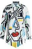 White Fashion Casual Print Patchwork Turndown Collar Shirt Dress