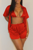 Red Casual Solid Patchwork Turndown Collar Short Sleeve Three Pieces