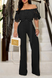 Turquoise Elegant Solid Hollowed Out Patchwork Off the Shoulder Straight Jumpsuits