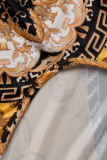 Black Yellow Fashion Sexy Print Hollowed Out Swimwears Set  (Without Paddings)