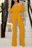Turquoise Elegant Solid Hollowed Out Patchwork Off the Shoulder Straight Jumpsuits