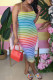Multicolor Fashion Sexy Striped Print Backless Cross Straps Spaghetti Strap Sleeveless Dress