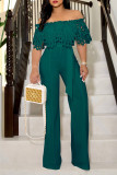 Turquoise Elegant Solid Hollowed Out Patchwork Off the Shoulder Straight Jumpsuits