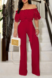 Turquoise Elegant Solid Hollowed Out Patchwork Off the Shoulder Straight Jumpsuits