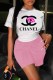Black Pink Fashion Casual Print Patchwork O Neck Short Sleeve Two Pieces