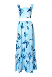 Blue Sexy Casual Butterfly Print Backless Square Collar Sleeveless Two Pieces
