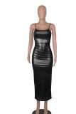 Black Sexy Solid Patchwork Fold Spaghetti Strap One Step Skirt Dresses