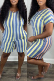 Blue Fashion Casual Striped Print Basic V Neck Regular Romper
