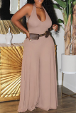 Pink Casual Solid Patchwork Halter Loose Jumpsuits