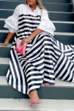 White Casual Street Striped Print Patchwork Mandarin Collar Straight Dresses