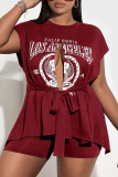 Red Sexy Street Print Patchwork Slit O Neck Two Pieces
