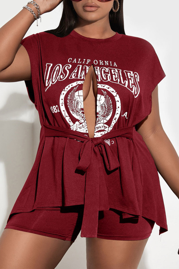Red Sexy Street Print Patchwork Slit O Neck Two Pieces