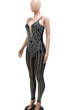 Apricot Casual Solid Patchwork See-through Hot Drill Spaghetti Strap Skinny Jumpsuits