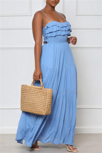 Blue Fashion Sexy Solid Patchwork Backless Spaghetti Strap Long Dress