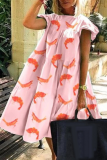 Pink Casual Print Flounce O Neck Cake Skirt Dresses