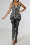Apricot Casual Solid Patchwork See-through Hot Drill Spaghetti Strap Skinny Jumpsuits