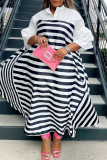 White Casual Street Striped Print Patchwork Mandarin Collar Straight Dresses