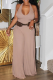 Khaki Casual Solid Patchwork Halter Loose Jumpsuits