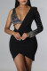 Black Fashion Sexy Patchwork Hot Drilling Hollowed Out Asymmetrical V Neck Long Sleeve Dresses
