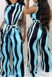 Blue Fashion Casual Striped Print With Belt Half A Turtleneck Regular Jumpsuits